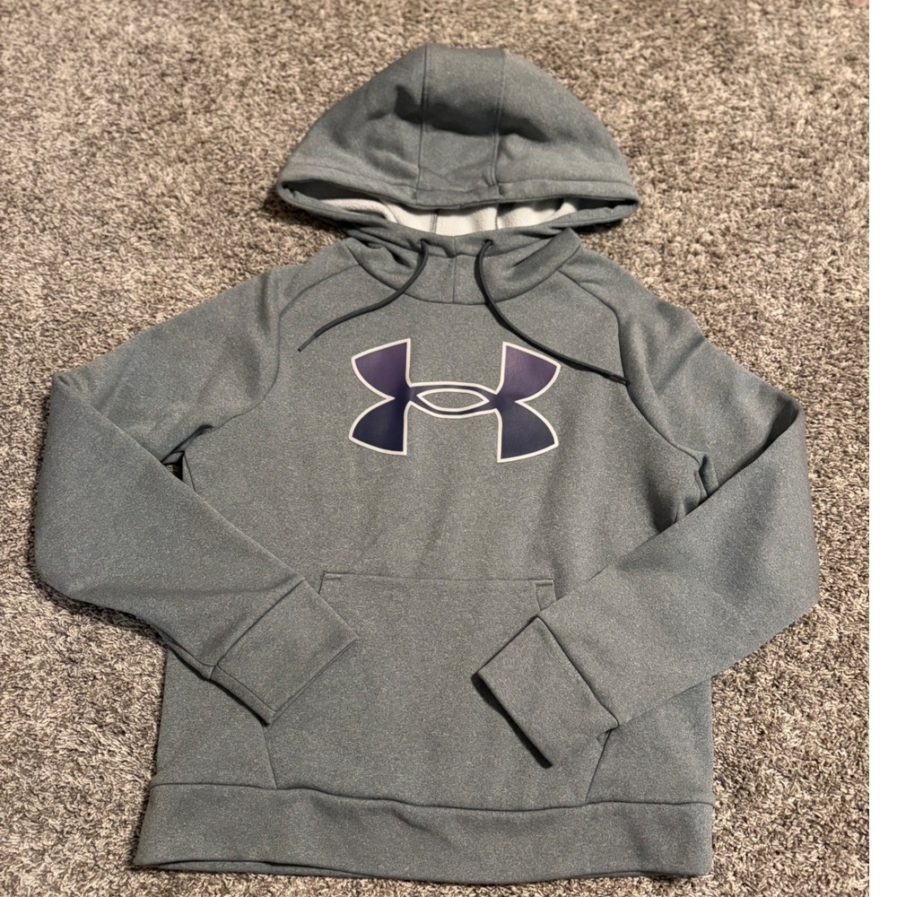 Under Armour Womens Storm Fleece Hoodie Gray Purple Logo Pullover XS Loose Fit